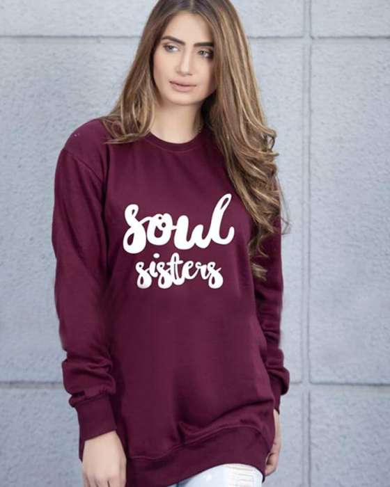 Maroon Soul Sisters Printed Sweat Shirt For Women - DENIMS - Hoodies & Sweatshirts - 