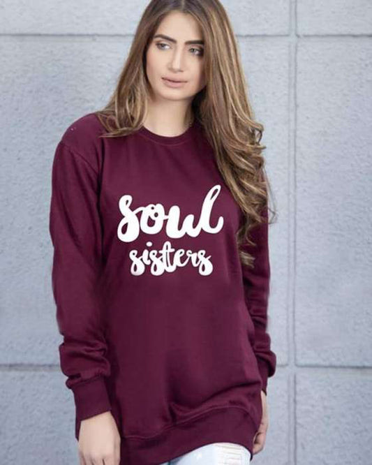 Maroon Soul Sisters Printed Sweat Shirt For Women - DENIMS - Hoodies & Sweatshirts - 