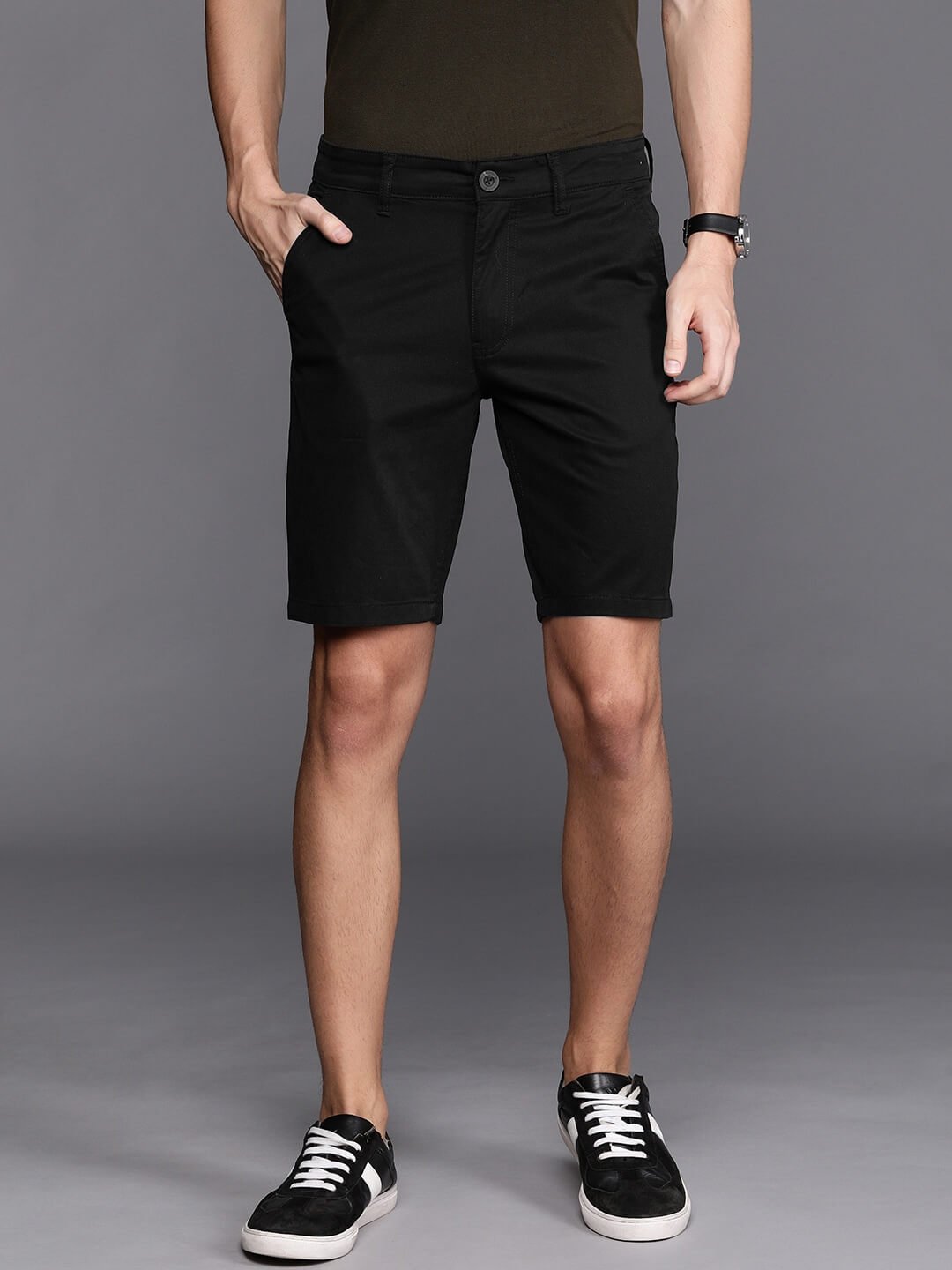 Men Black Slim Fit Solid Chino Shorts - DENIMS - Shorts - 