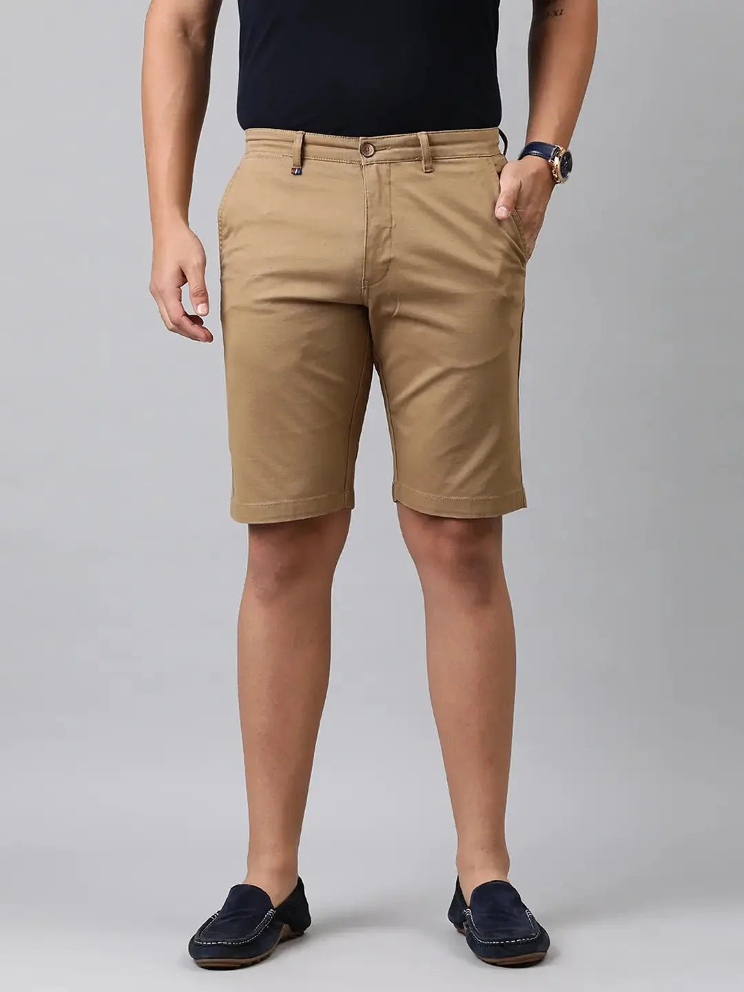 Men Khaki - Coloured Solid Slim Fit Regular Shorts - DENIMS - Shorts - 