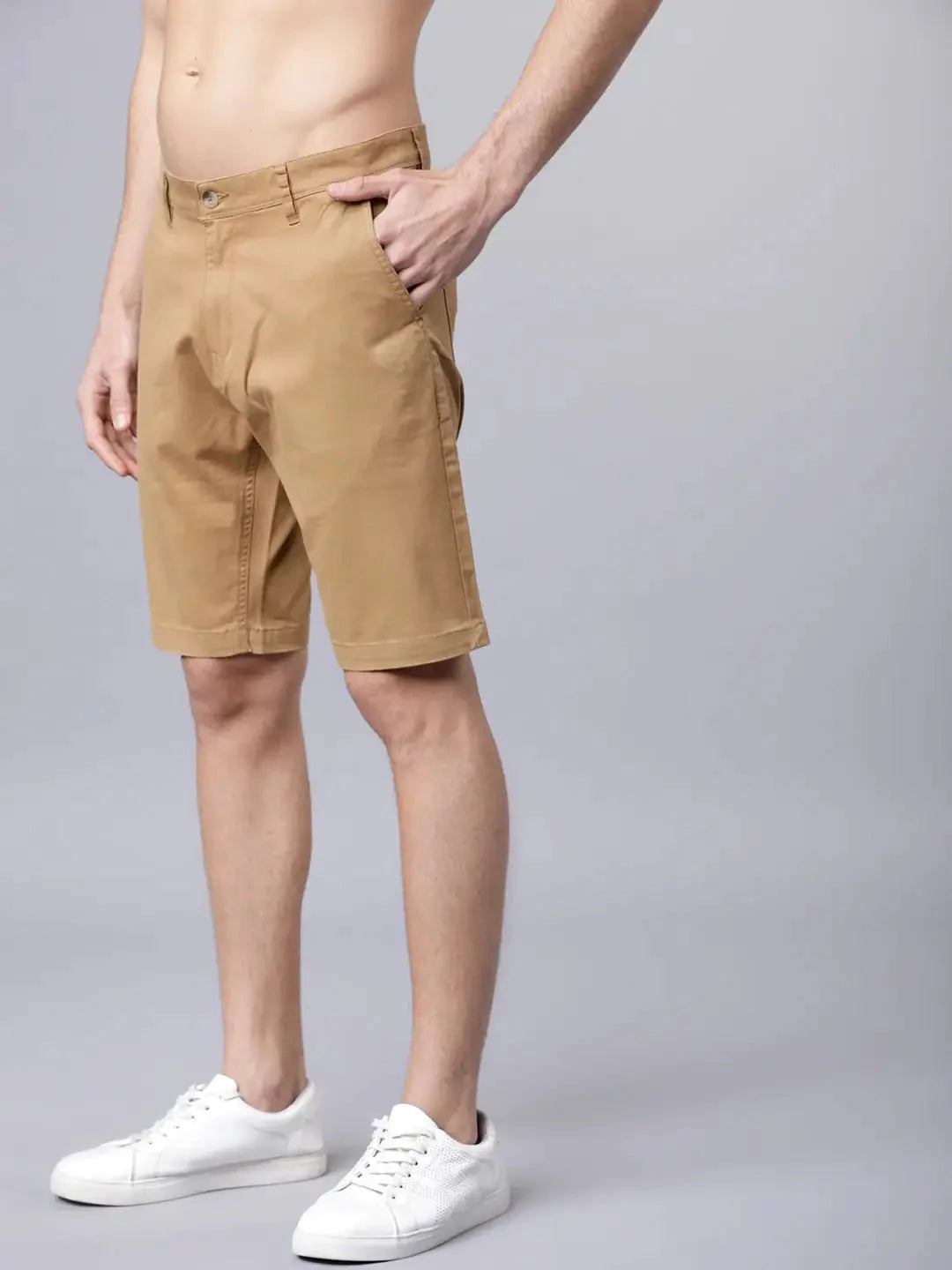 Men Khaki Solid Slim Fit Regular Shorts - DENIMS - Shorts - 