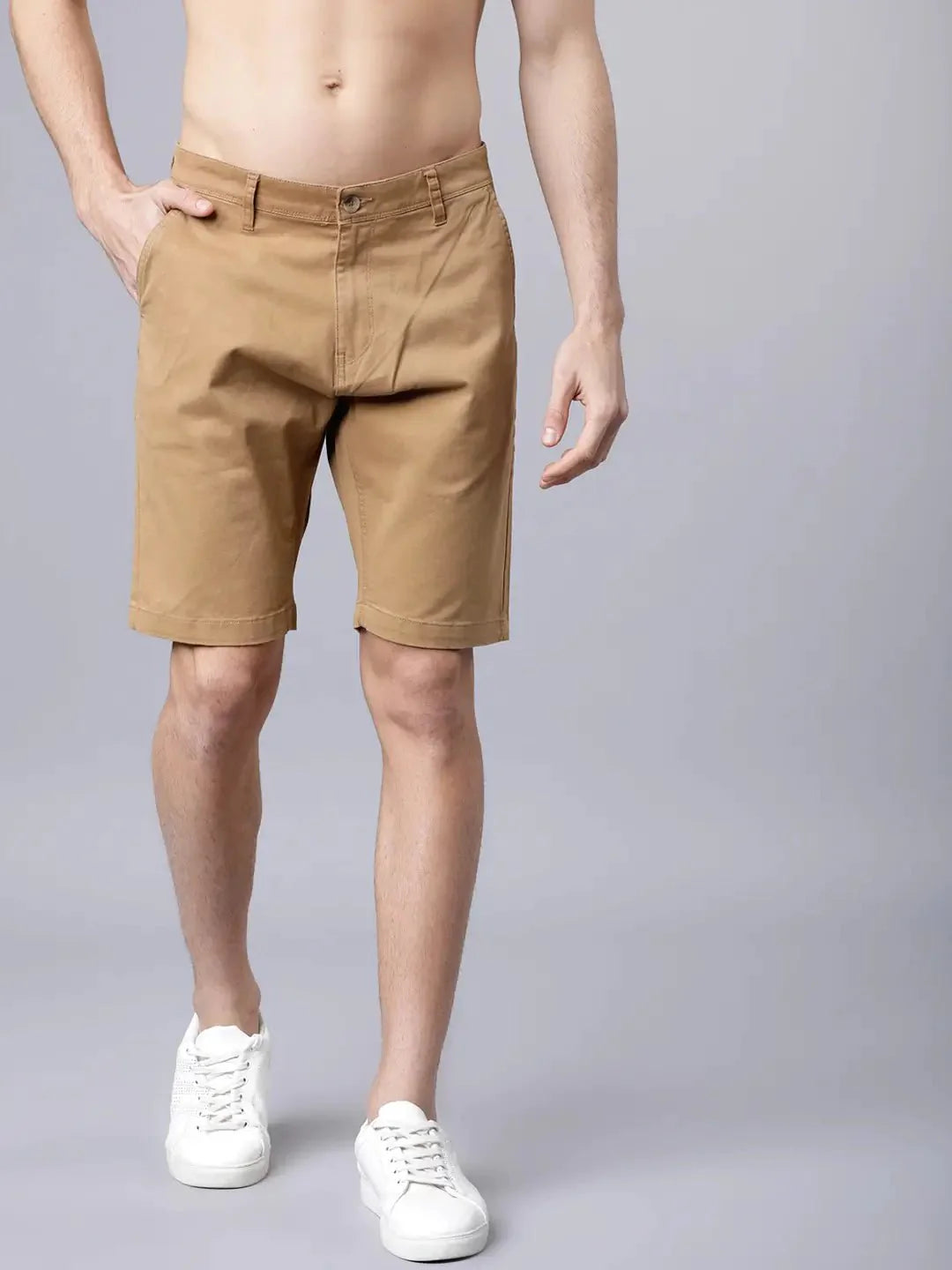Men Khaki Solid Slim Fit Regular Shorts - DENIMS - Shorts - 