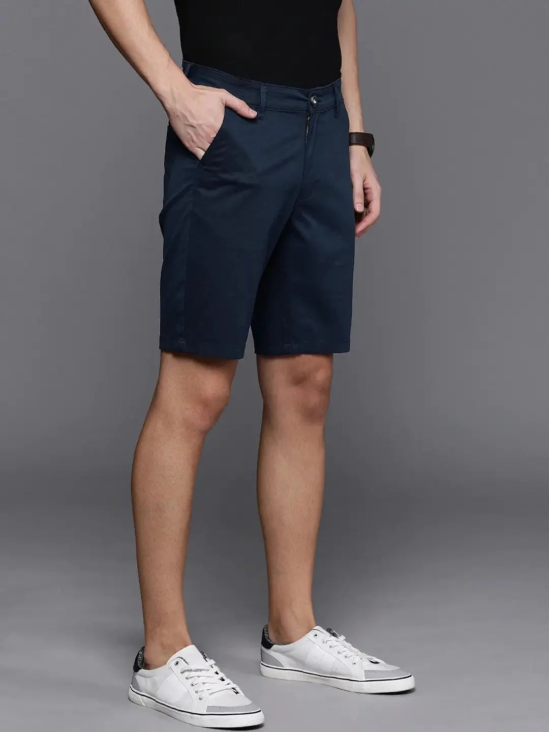 Men Navy Blue Solid Slim Fit Chino Shorts - DENIMS - Shorts - 