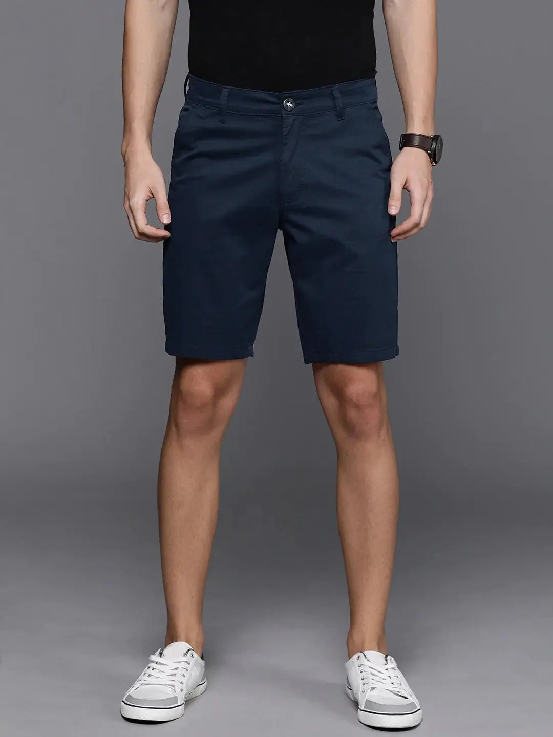 Men Navy Blue Solid Slim Fit Chino Shorts - DENIMS - Shorts - 