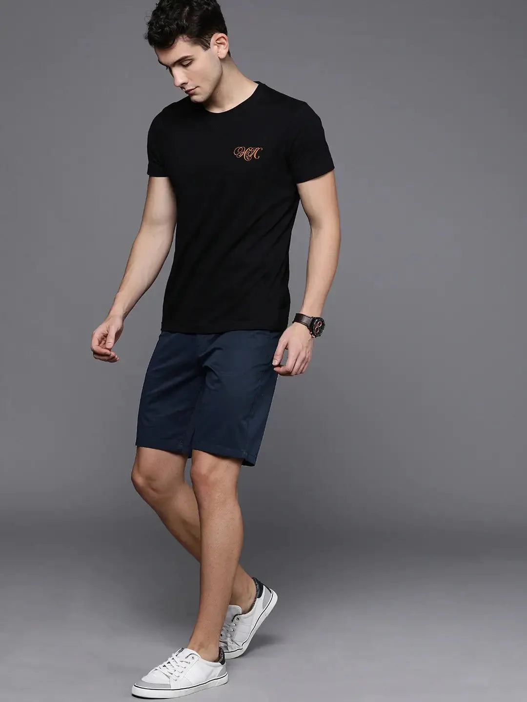 Men Navy Blue Solid Slim Fit Chino Shorts - DENIMS - Shorts - 