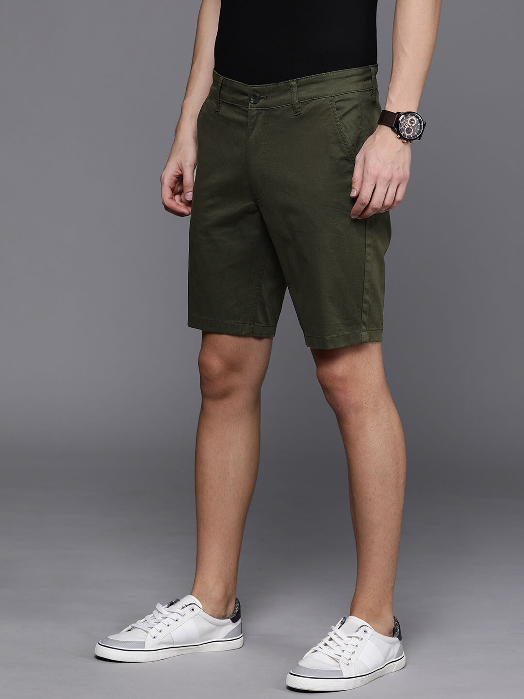 Men Olive Green Solid Slim Fit Chino Shorts - DENIMS - Shorts - 