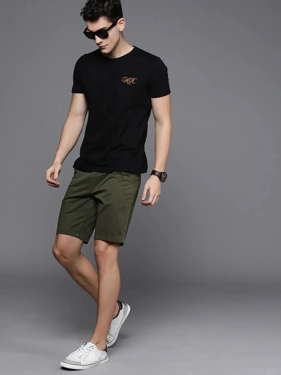 Men Olive Green Solid Slim Fit Chino Shorts - DENIMS - Shorts - 