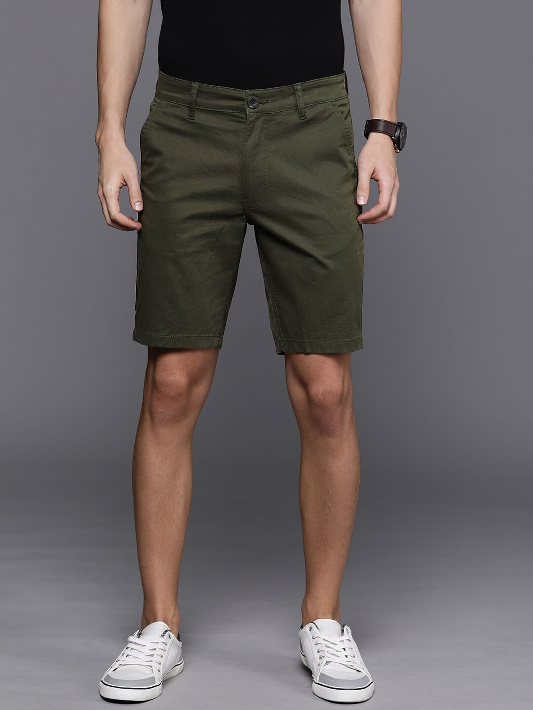 Men Olive Green Solid Slim Fit Chino Shorts - DENIMS - Shorts - 
