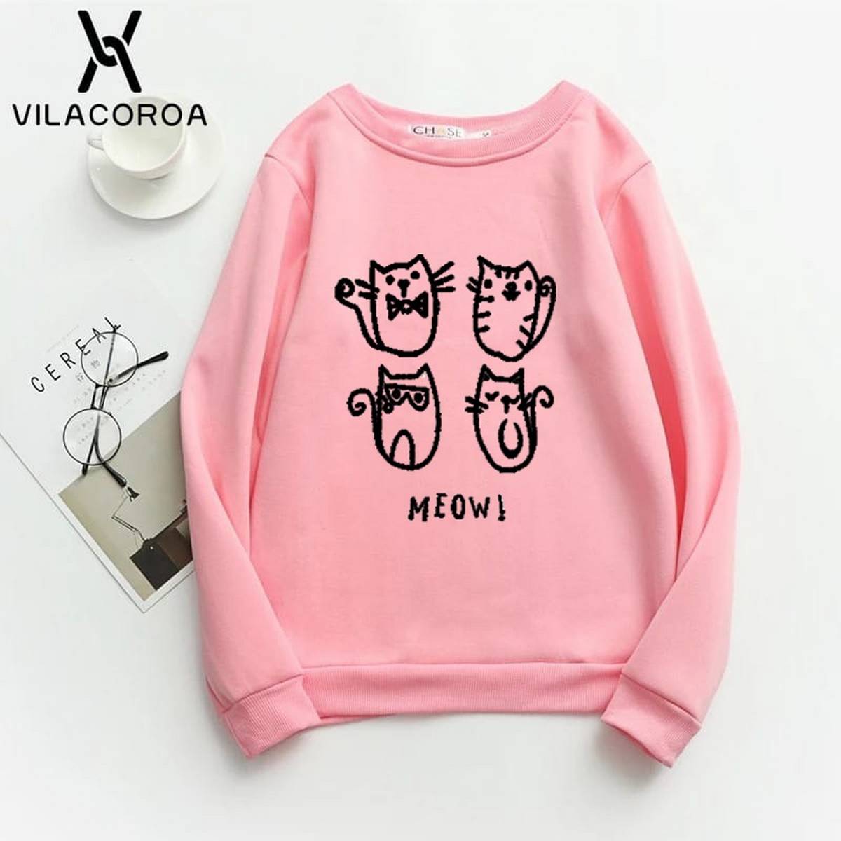 Meow Fleece Full Sleeves Pull Over Sweatshirt For Women - DENIMS - Hoodies & Sweatshirts - 