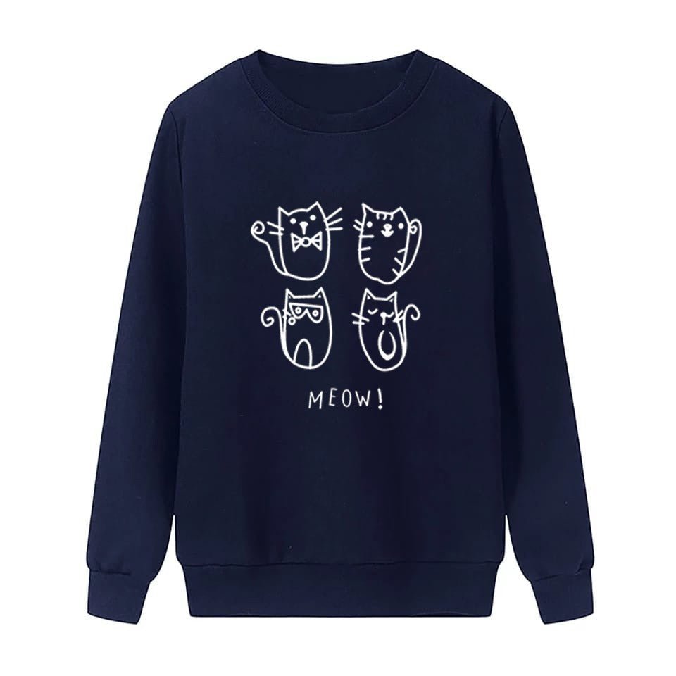 Meow Fleece Full Sleeves Pull Over Sweatshirt For Women - DENIMS - Hoodies & Sweatshirts - 