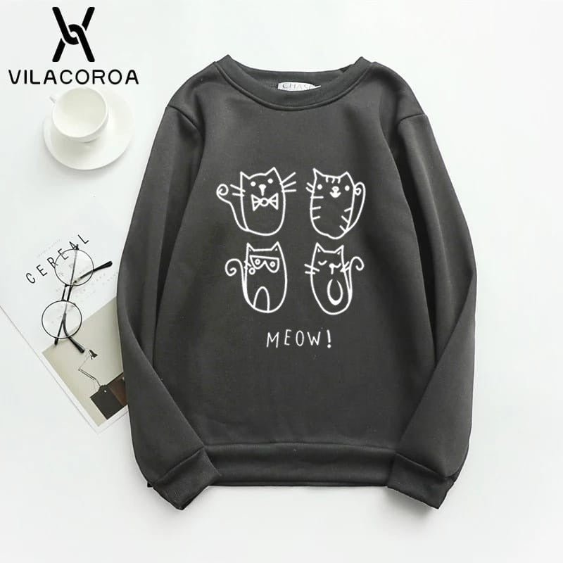 Meow Fleece Full Sleeves Pull Over Sweatshirt For Women - DENIMS - Hoodies & Sweatshirts - 