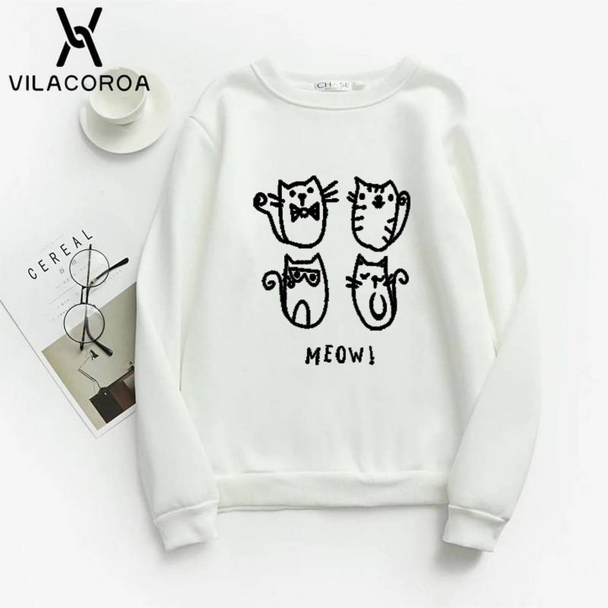 Meow Fleece Full Sleeves Pull Over Sweatshirt For Women - DENIMS - Hoodies & Sweatshirts - 