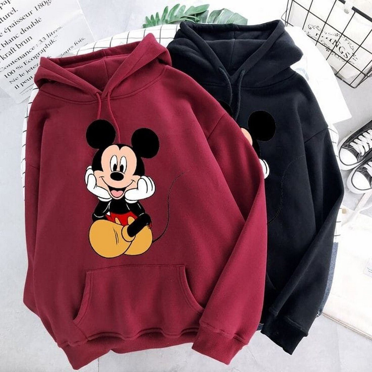 Mickey Mouse Printed Fleece Full Sleeves Pull Over Hoodie For Women - DENIMS - Hoodies & Sweatshirts - 