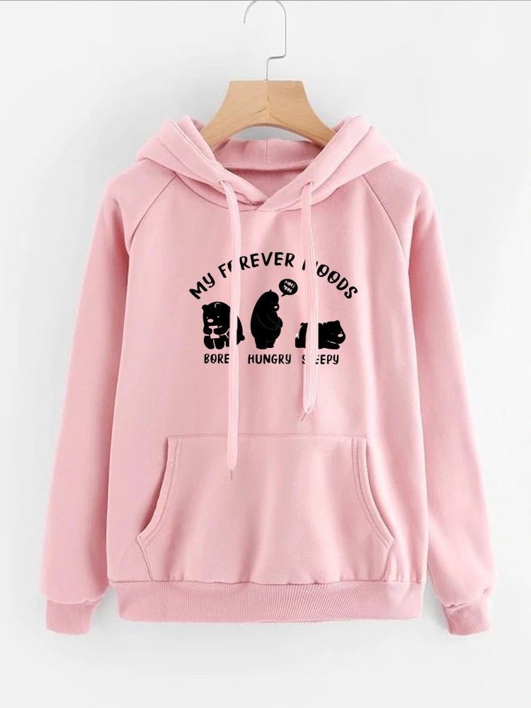 My Forever Moods Bear Printed Fleece Full Sleeves Pull Over Hoodie For Women - DENIMS - Hoodies & Sweatshirts - 