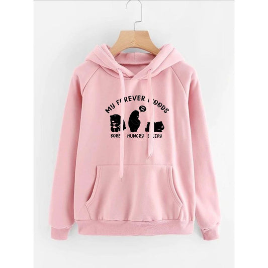 My Forever Moods Bear Printed Fleece Full Sleeves Pull Over Hoodie For Women - DENIMS - Hoodies & Sweatshirts - 
