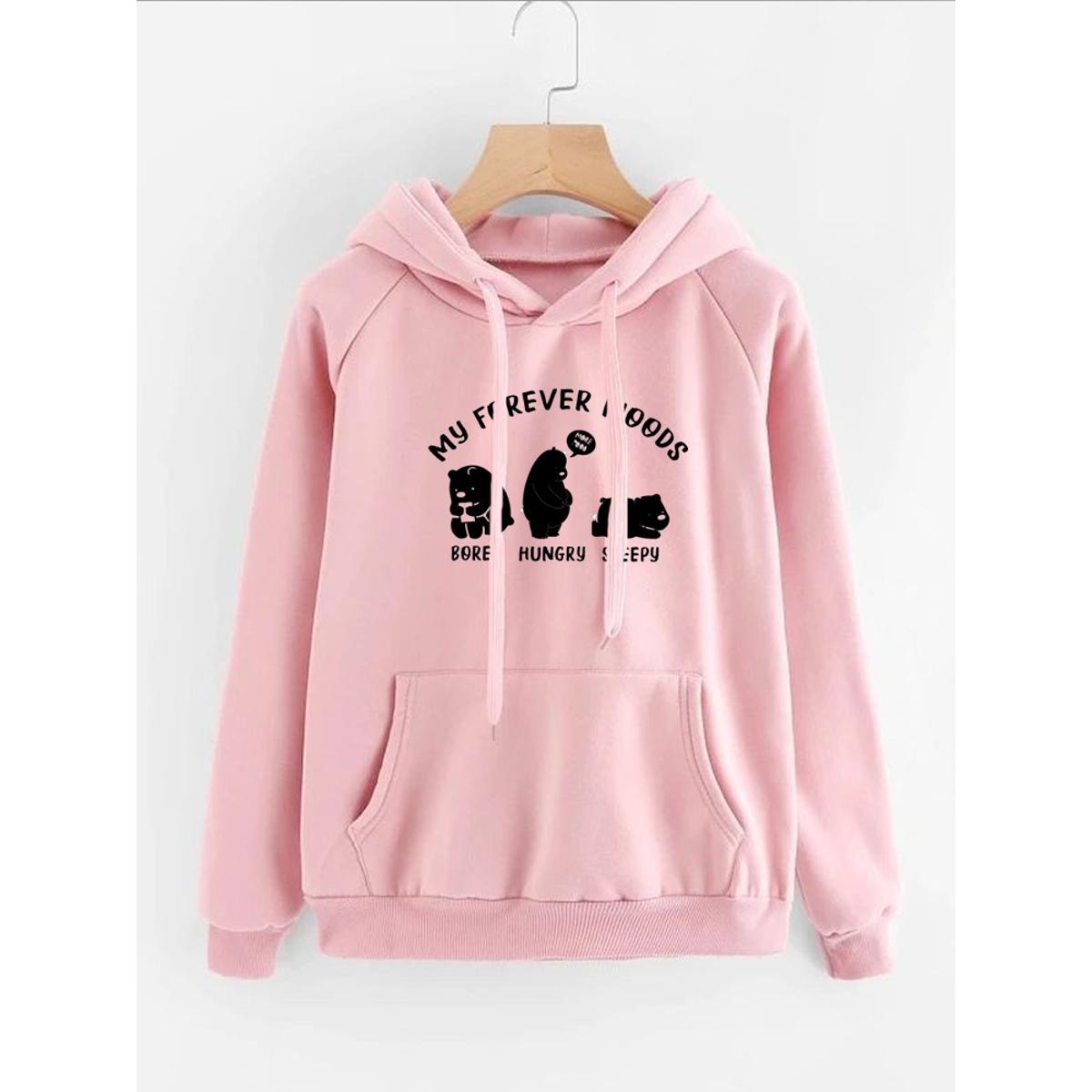 My Forever Moods Bear Printed Fleece Full Sleeves Pull Over Hoodie For Women - DENIMS - Hoodies & Sweatshirts - 