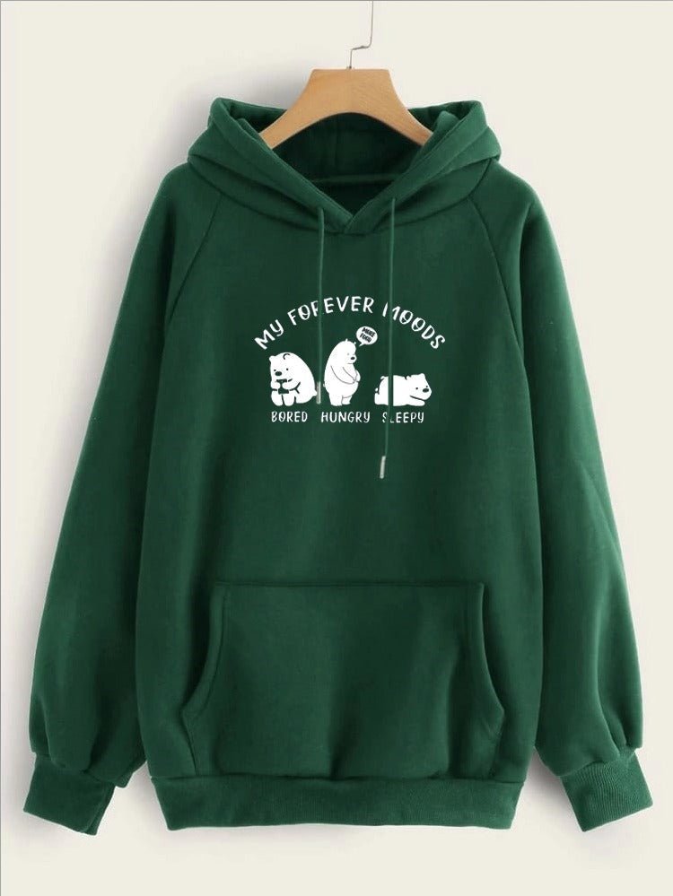 My Forever Moods Bear Printed Fleece Full Sleeves Pull Over Hoodie For Women - DENIMS - Hoodies & Sweatshirts - 