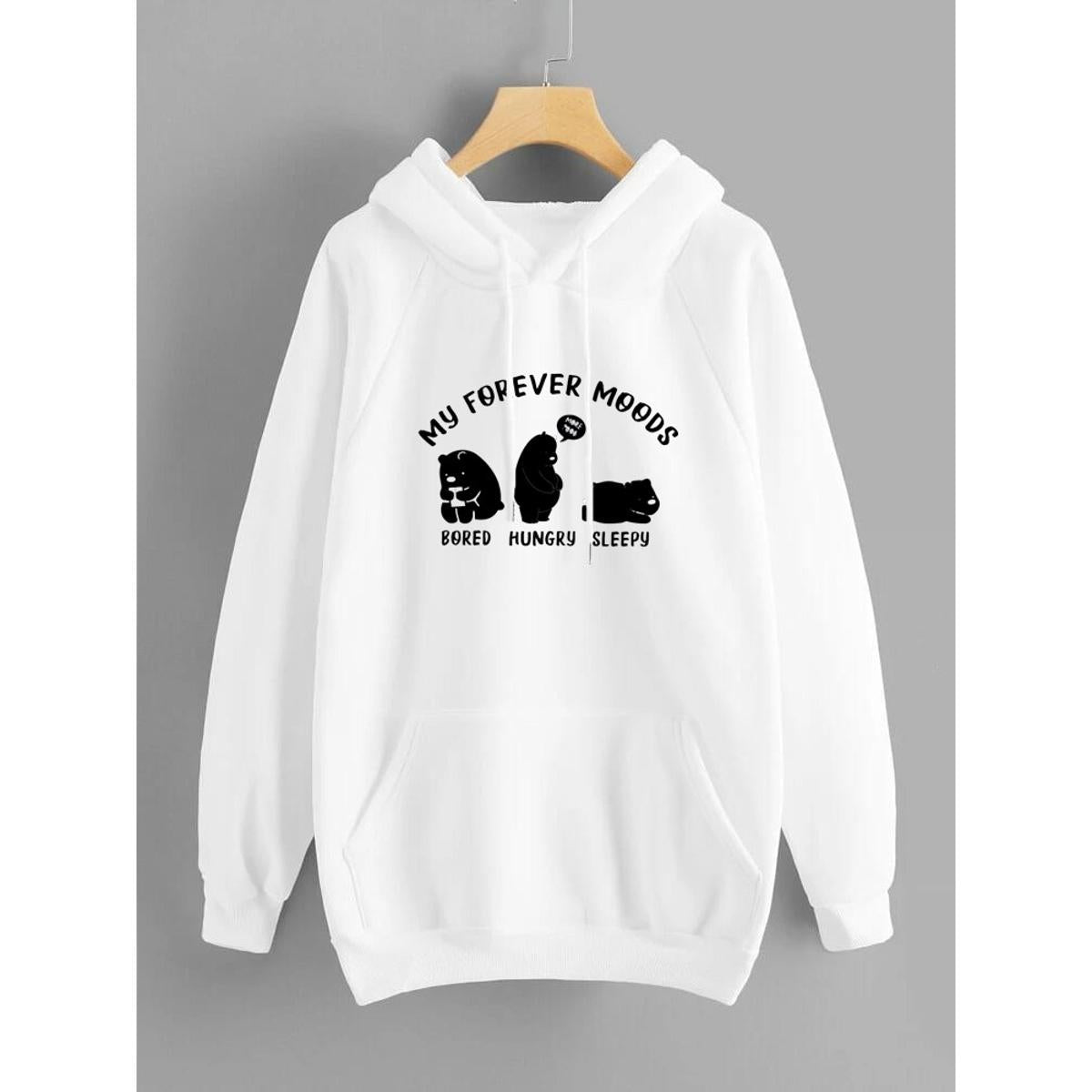 My Forever Moods Bear Printed Fleece Full Sleeves Pull Over Hoodie For Women - DENIMS - Hoodies & Sweatshirts - 