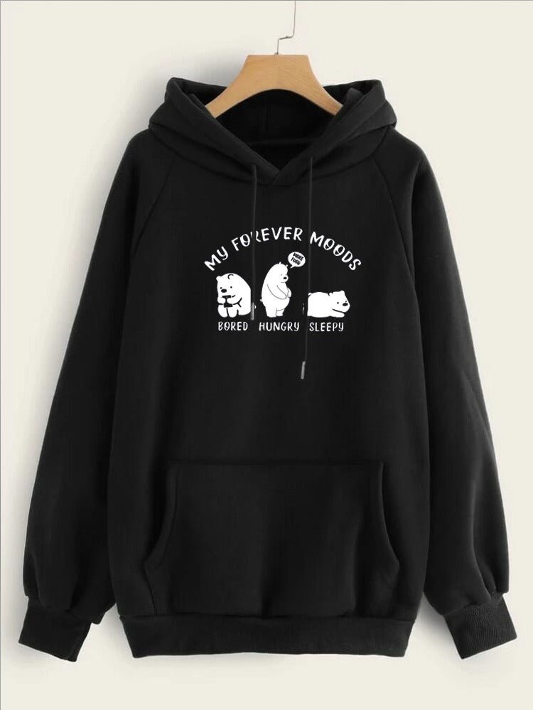 My Forever Moods Bear Printed Fleece Full Sleeves Pull Over Hoodie For Women - DENIMS - Hoodies & Sweatshirts - 