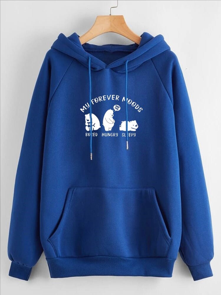 My Forever Moods Bear Printed Fleece Full Sleeves Pull Over Hoodie For Women - DENIMS - Hoodies & Sweatshirts - 
