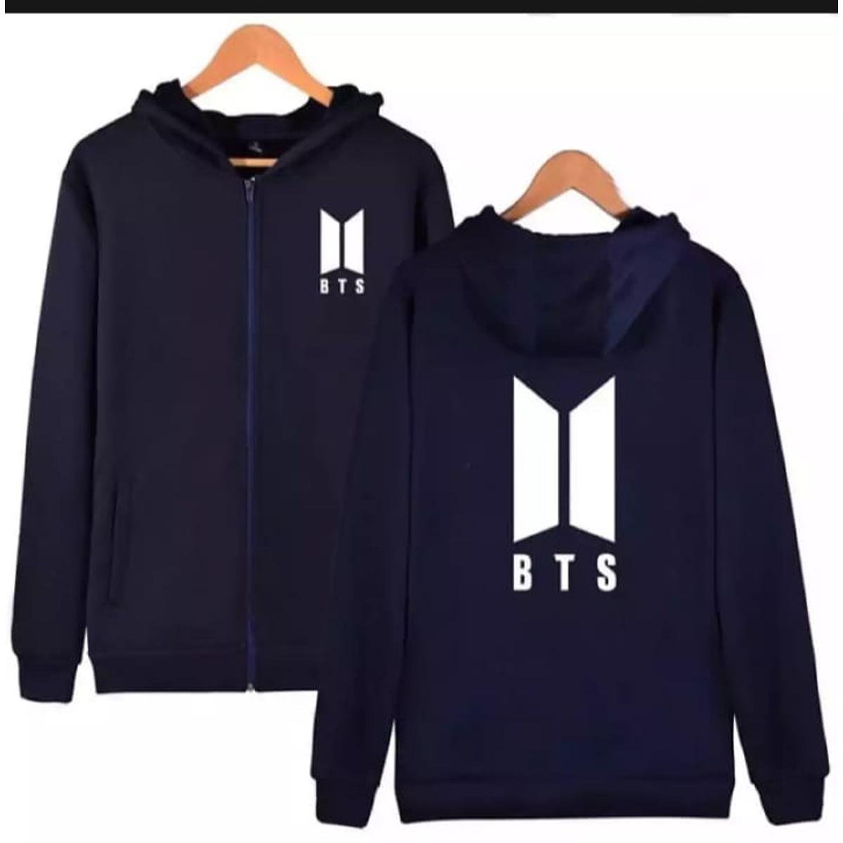 Navy Blue BTS Fleece Full Sleeves Zipper Hoodie For Women - DENIMS - Hoodies & Sweatshirts - 