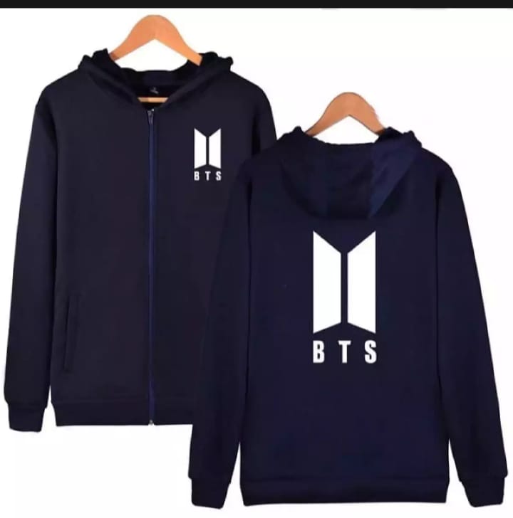 Navy Blue BTS Fleece Full Sleeves Zipper Hoodie For Women - DENIMS - Hoodies & Sweatshirts - 