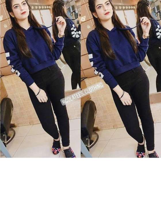 NAVY BLUE CROPPED HOODIE FOR WOMEN - DENIMS - Hoodies & Sweatshirts - 