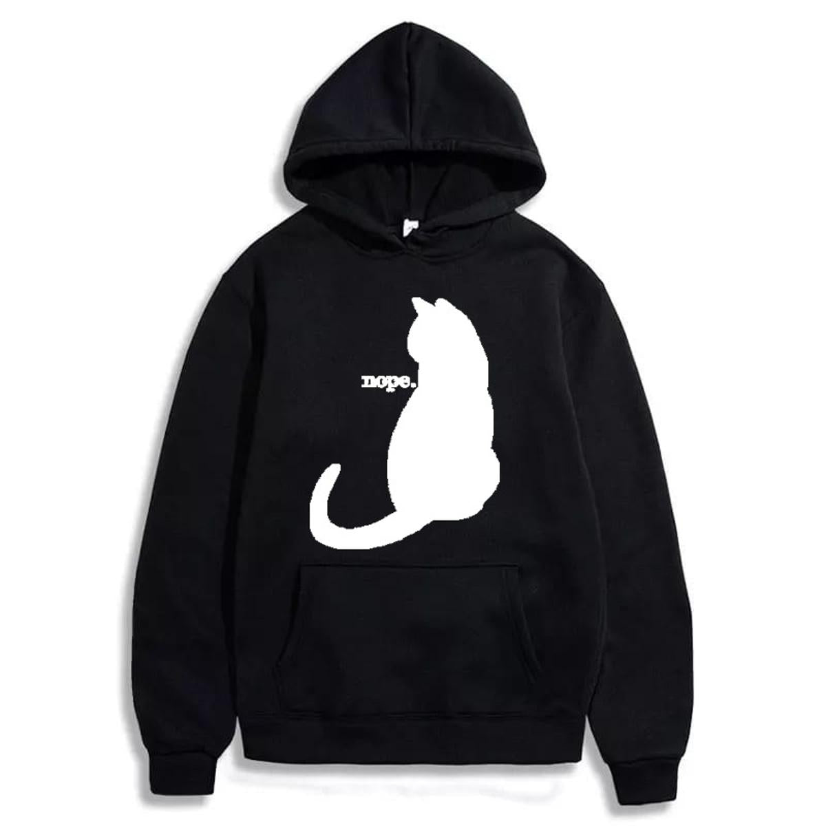 Nope Cat Printed Fleece Full Sleeves Pull Over Hoodie For Women - DENIMS - Hoodies & Sweatshirts - 