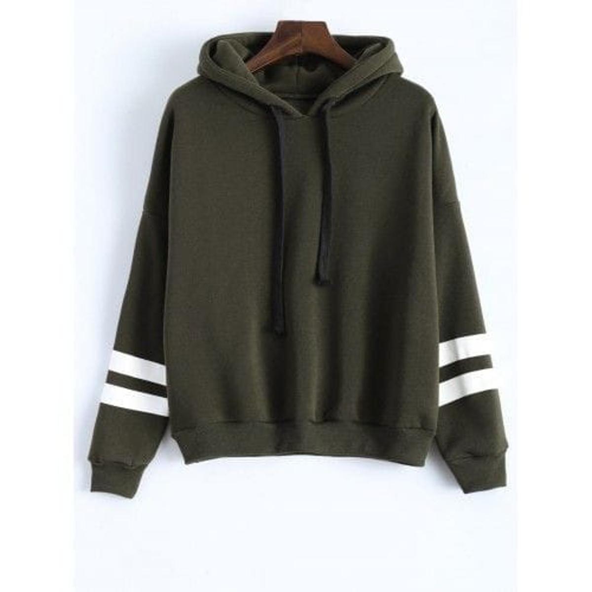 Olive Green Stripes Printed Fleece Full Sleeves Pull Over Hoodie For Women - DENIMS - Hoodies & Sweatshirts - 