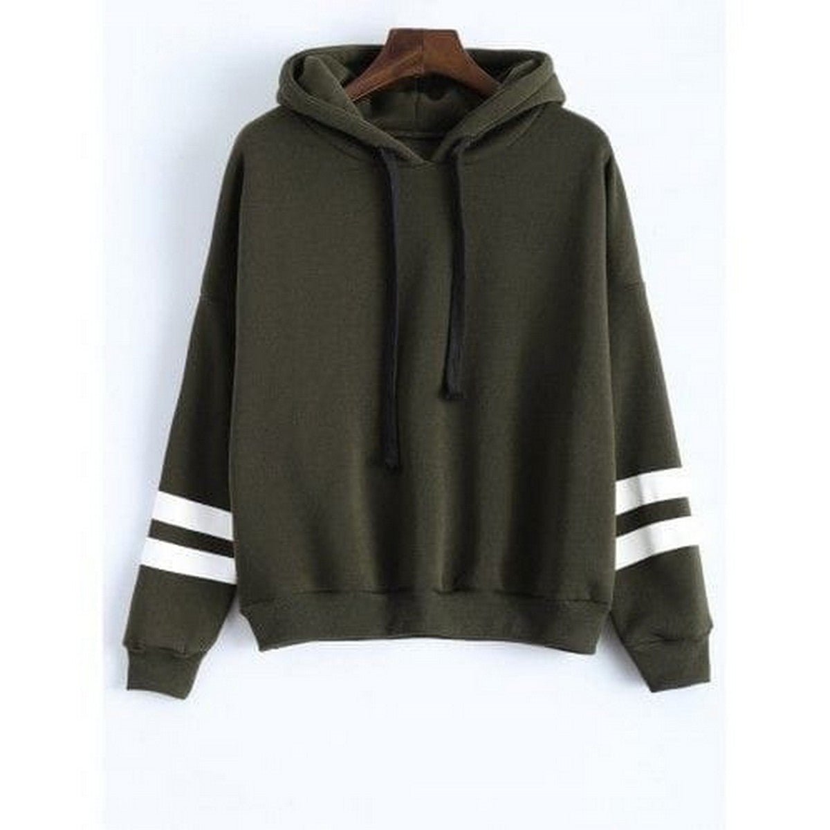 Olive Green Stripes Printed Fleece Full Sleeves Pull Over Hoodie For Women - DENIMS - Hoodies & Sweatshirts - 