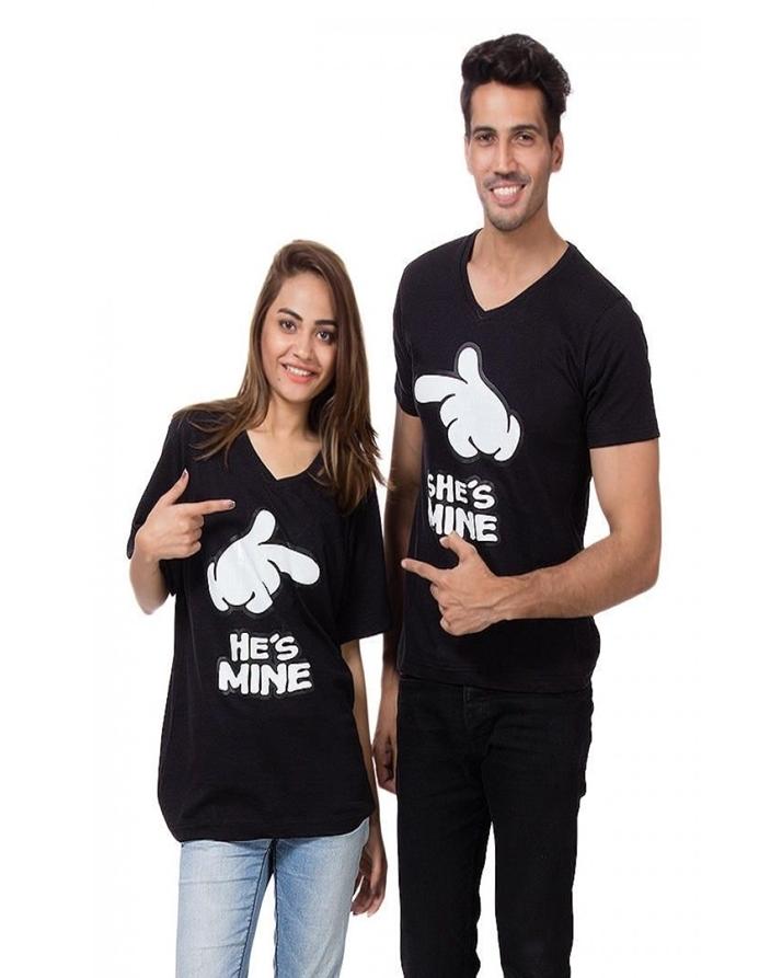 Pack of 2 - Black Cotton Printed T - Shirts for Couple - DENIMS - Tops & T - Shirts - 