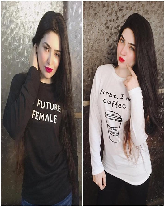 Pack Of 2 - BlackWhite Cotton Printed T - Shirt For Women - DENIMS - Tops & T - Shirts - 