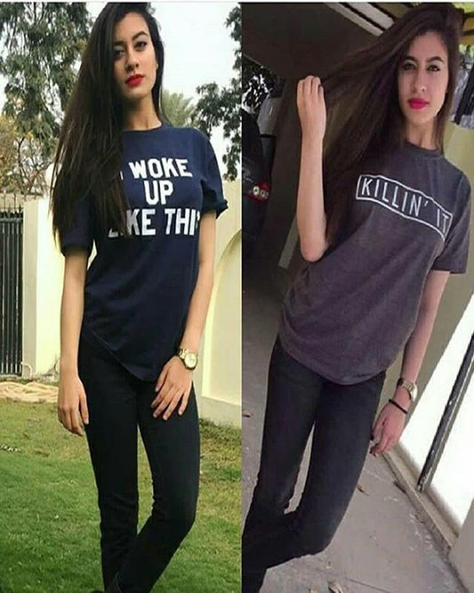 Pack Of 2 - Blue Cotton Printed T - Shirts For Women - DENIMS - Tops & T - Shirts - 