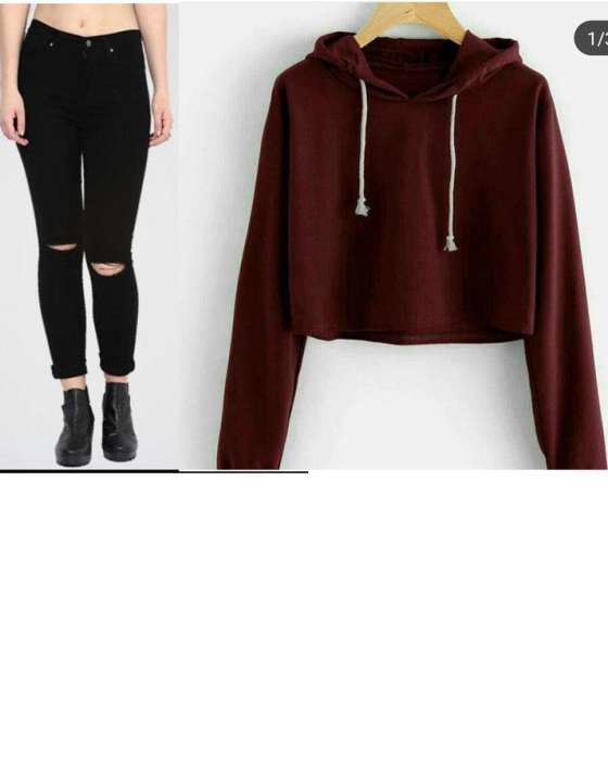 PACK OF 2 MAROON CROPPED HOODIE ND BLACK RIPED JEANS FOR WOMEN - DENIMS - Hoodies & Sweatshirts - 