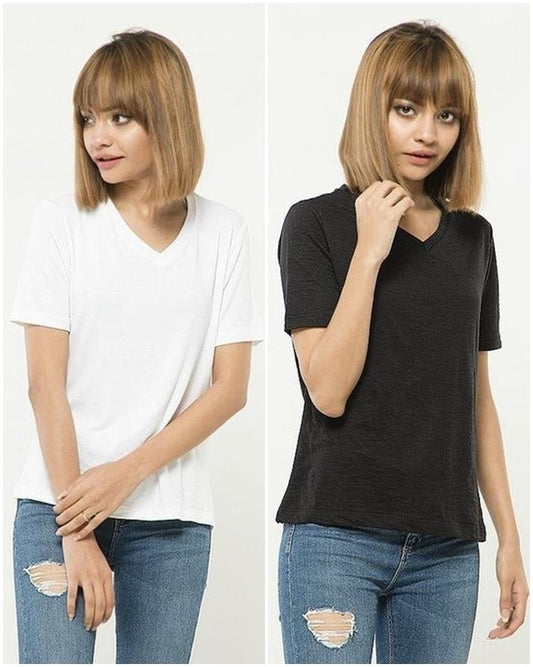 Pack of 2 - White and Black Cotton V - Neck T - Shirts For Women - DENIMS - Tops & T - Shirts - 