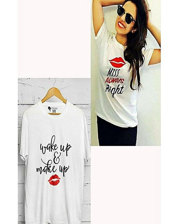 Pack Of 2 - White Cotton Printed T - Shirt For Women - DENIMS - Tops & T - Shirts - 
