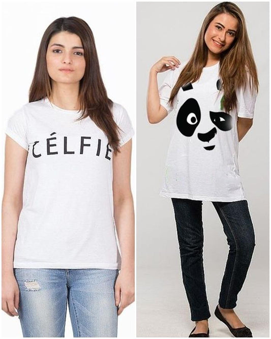 Pack Of 2 - White Cotton Printed Tshirt For Women - DENIMS - Tops & T - Shirts - 
