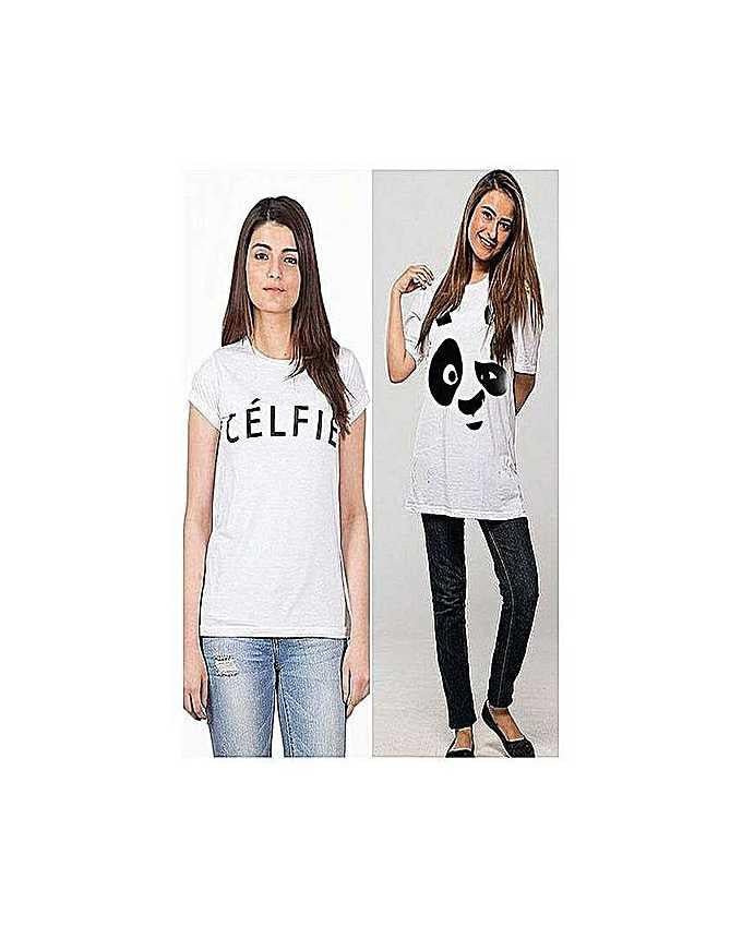 Pack of 2 White Cotton Printed Tshirts For Women - DENIMS - Tops & T - Shirts - 