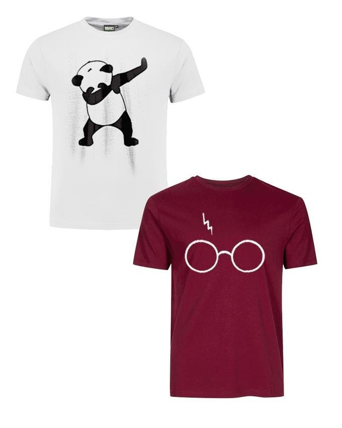 Pack Of 2 - White Panda Dap and Maroon Harry Glasses Cotton Printed T - Shirt - DENIMS - Tops & T - Shirts - 