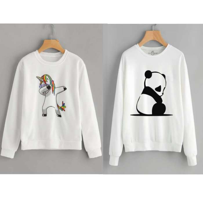 Pack of 2 White Unicorn Dap and Panda Sitting Printed Sweatshirts For Women - DENIMS - Hoodies & Sweatshirts - 