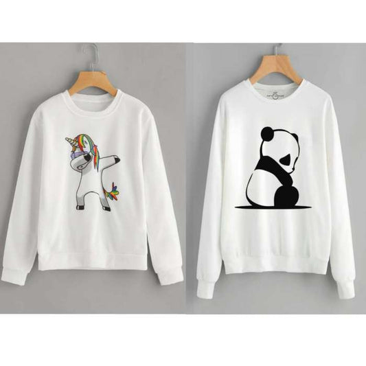 Pack of 2 White Unicorn Dap and Panda Sitting Printed Sweatshirts For Women - DENIMS - Hoodies & Sweatshirts - 