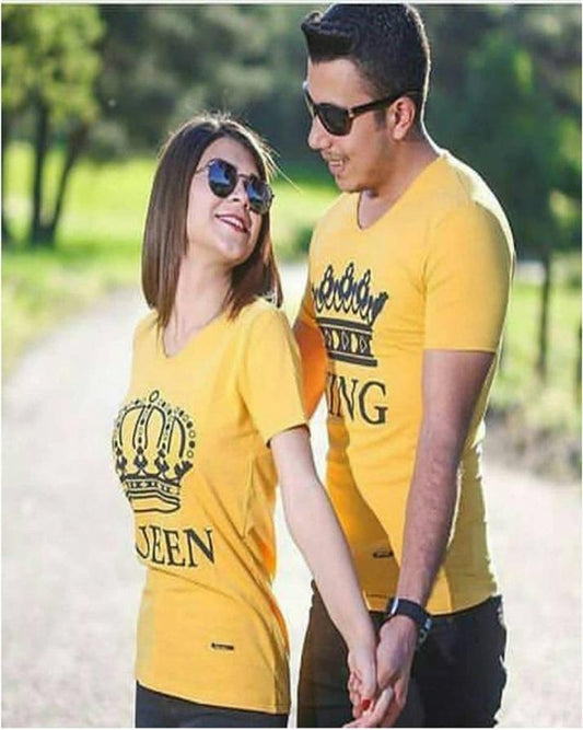 Pack Of 2 - Yellow Cotton Printed T - Shirts For Couples - DENIMS - Tops & T - Shirts - 
