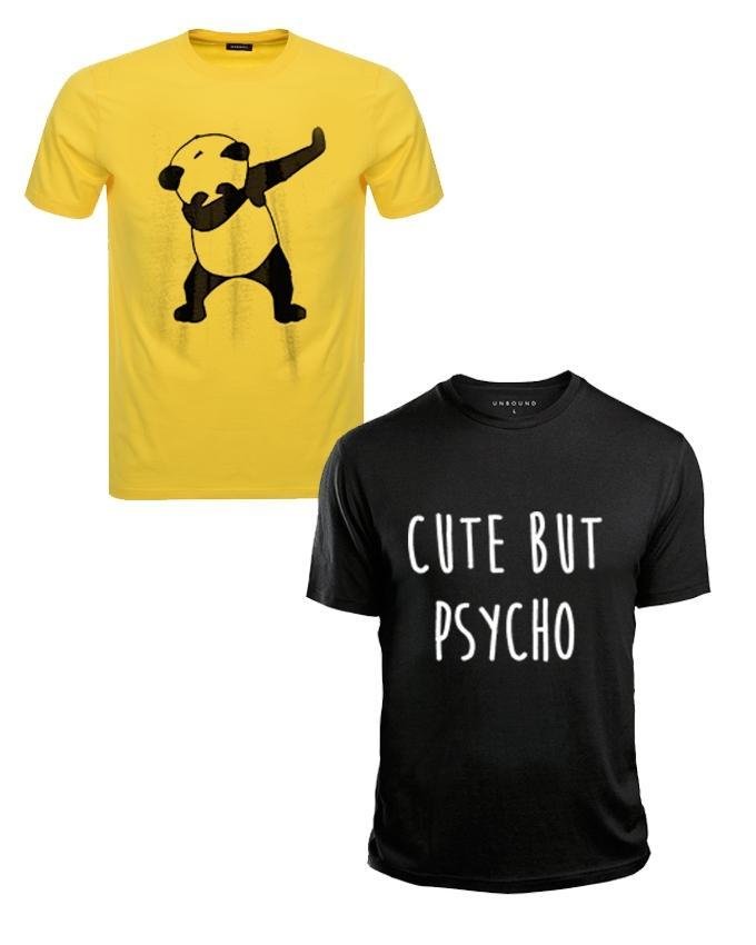 Pack Of 2 - Yellow Panda Dap and Black Cute But Psycho Cotton Printed T - Shirt - DENIMS - Tops & T - Shirts - 