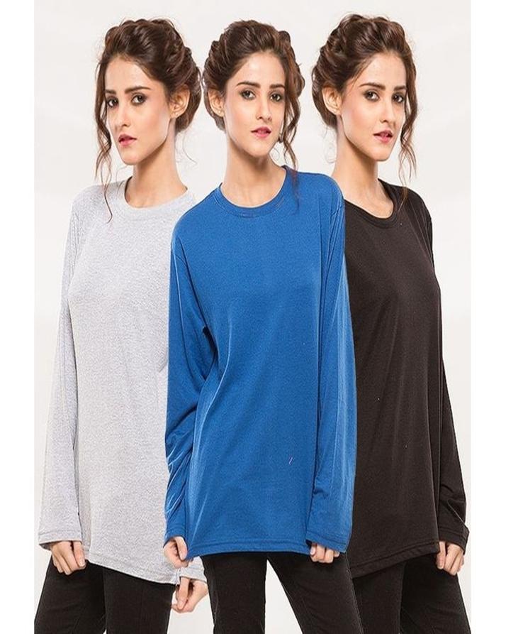 Pack Of 3 - Black Blue and Grey Cotton Plain T - Shirts For Women - DENIMS - Tops & T - Shirts - 
