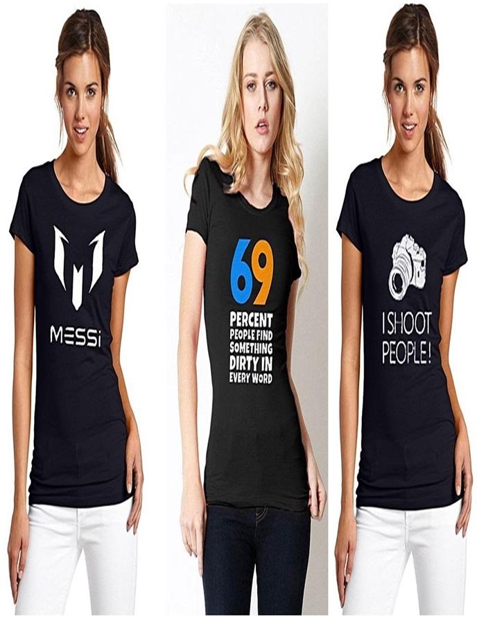 Pack Of 3 - Black Cotton Printed T - shirt For Women - DENIMS - Tops & T - Shirts - 