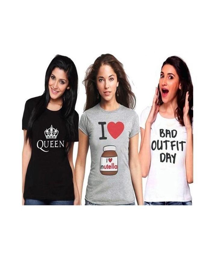 Pack of 3 - BlackGrey and White Cotton Printed T - Shirt For Her - DENIMS - Tops & T - Shirts - 