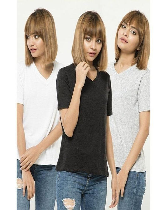 Pack of 3 - BlackWhite and Grey Cotton V - Neck T - Shirts For Her - DENIMS - Tops & T - Shirts - 