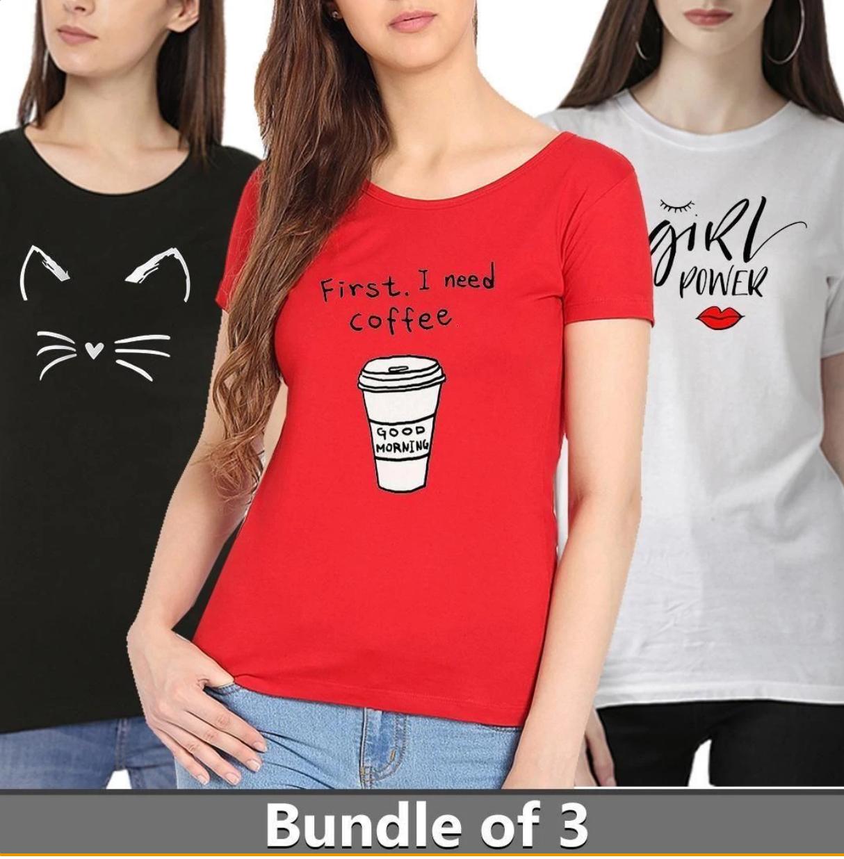 Pack Of 3 Cotton Halfsleeves Oneck Tshirt For Women - DENIMS - Tops & T - Shirts - 