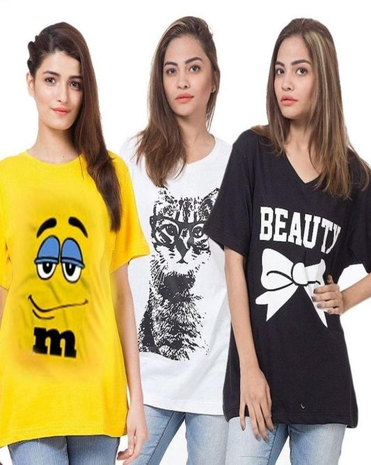 Pack of 3 - Multicolor Cotton Printed T - Shirt For Her - DENIMS - Tops & T - Shirts - 