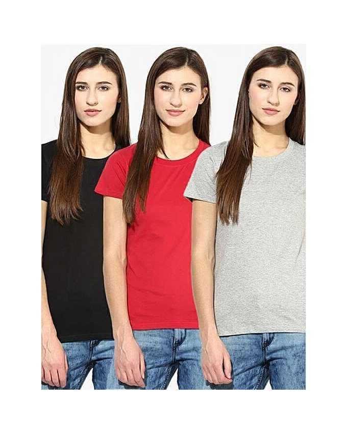 Pack of - 3 Multicoor Cotton Basic Tshirts For Women - DENIMS - Tops & T - Shirts - 